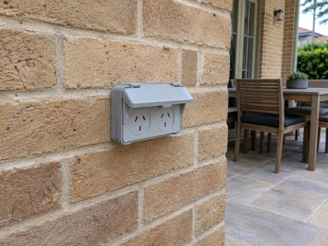 Outdoor double power point on a brick wall beside a tiled patio in Lindfield