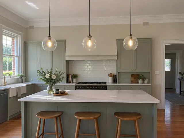 Three glass pendant lights over a kitchen island in a period-style home in Lindfield