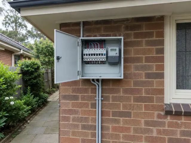 Outdoor switchboard on a brick house wall with breakers and meter enclosure in Killara